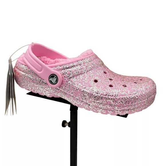 Crocs Youth Girls Slip-on Lined Clogs Sz 3 (J3) Pink Glitter Faux Fur Fuzzy Warm - Picture 1 of 14